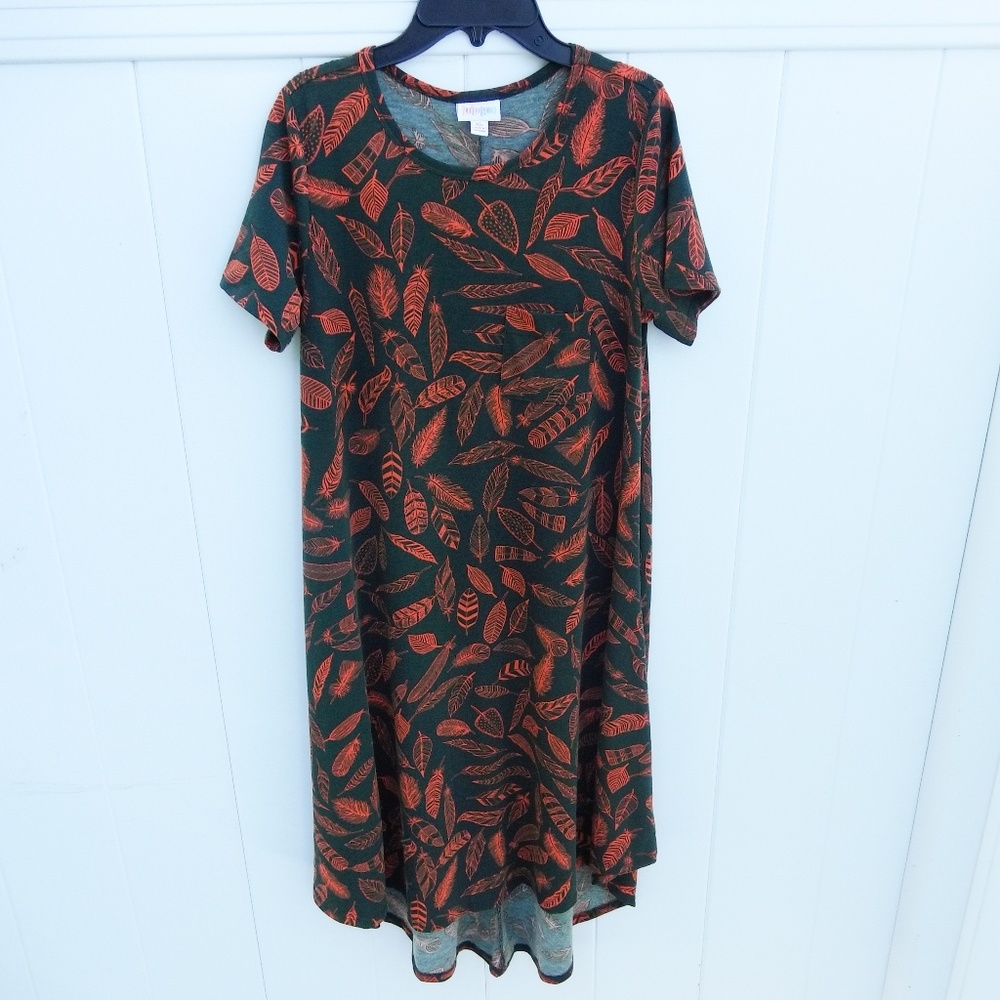 LuLaRoe XS Carly Dress Feathers Olive Orange Swing